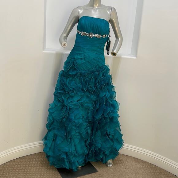 BICICI & COTY Strapless Teal Gown Rhinestones accent Size S Special Occasion NWT - Picture 1 of 15